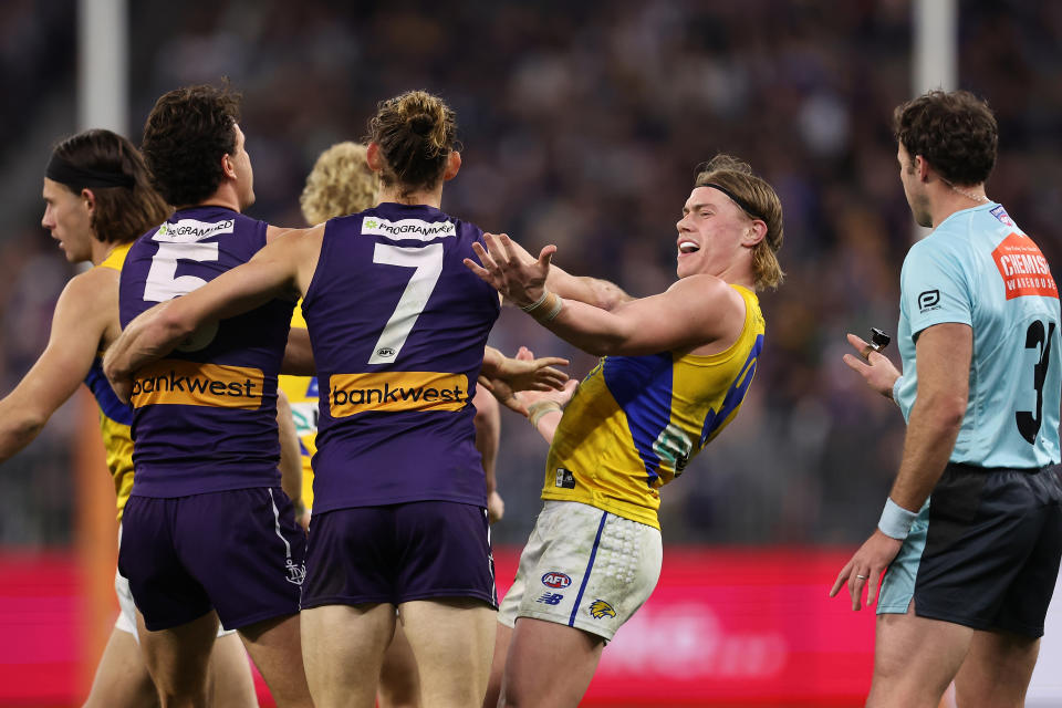 PERTH, AUSTRALIA - JULY 27: Harley Reid of the Eagles reacts during the round 20 AFL match between Fremantle Dockers and West Coast Eagles at Optus Stadium, on July 27, 2024, in Perth, Australia. (Photo by Paul Kane/Getty Images)