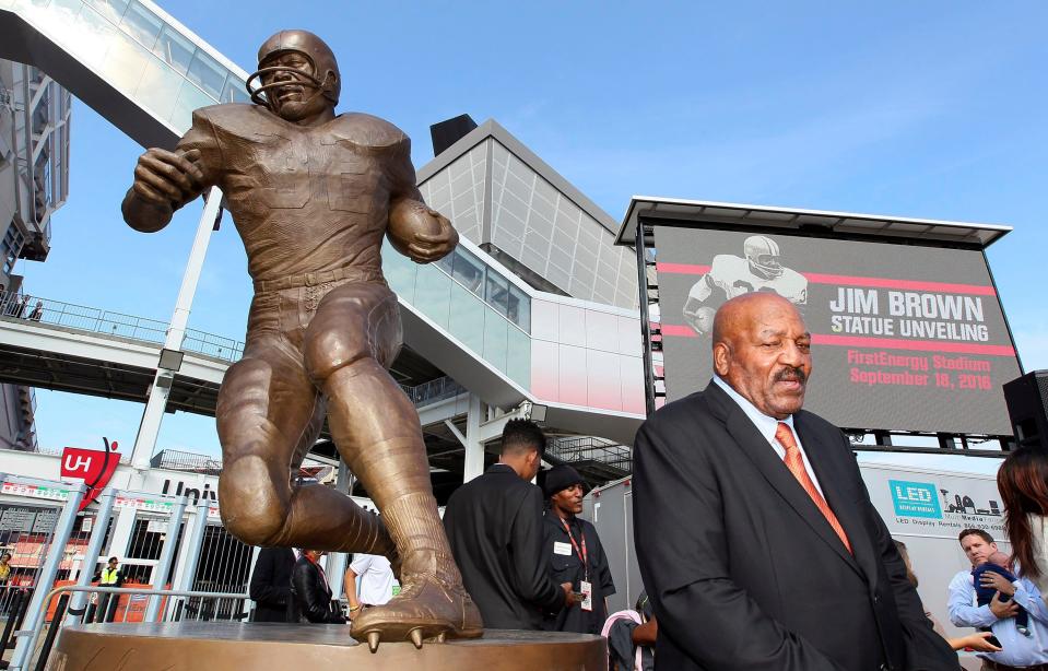 Jim Brown at the unveiling of a statue honoring the Browns' running back on Sunday, Sept. 18, 2016, in Cleveland.