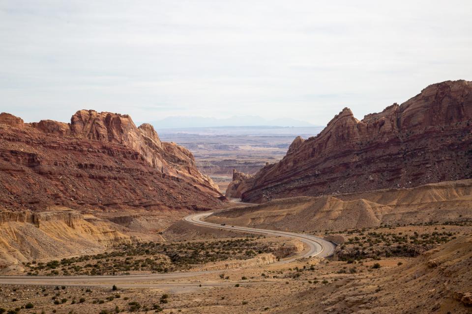 A winding road in Arches National Park in Utah.