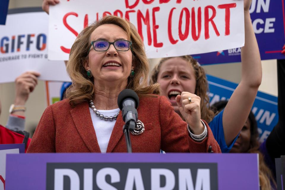 Former Congresswoman Gabrielle Giffords speaks outside the Supreme Court on Tuesday, Nov. 7, 2023, in Washington.