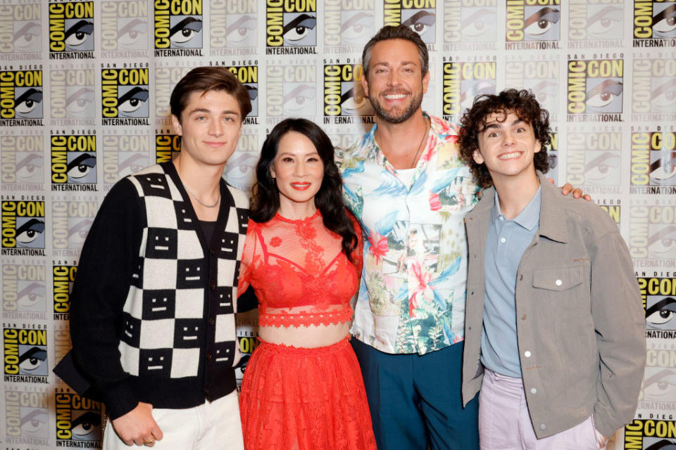 Asher Angel, Lucy Liu, Zachary Levi, and Jack Dylan Grazer attend the Shazam press line