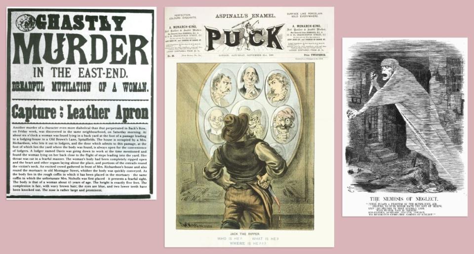 <div class="inline-image__caption"><p>Left: September 1888 Newspaper Broadsheet</p><p>Middle: September 21, 1989, Puck Magazine</p><p>Right: Punch Cartoon 5, 1888</p></div> <div class="inline-image__credit">Photo Illustration by Daily Beast/Public Domain</div>