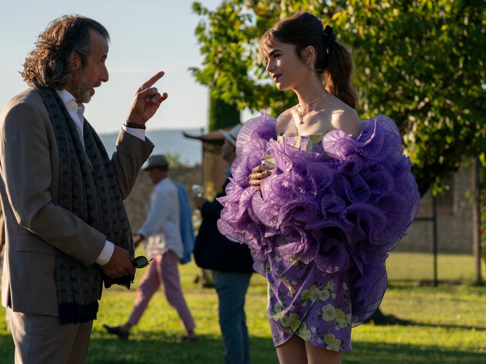 Lily Collins wearing a floral dress on "Emily in Paris."
