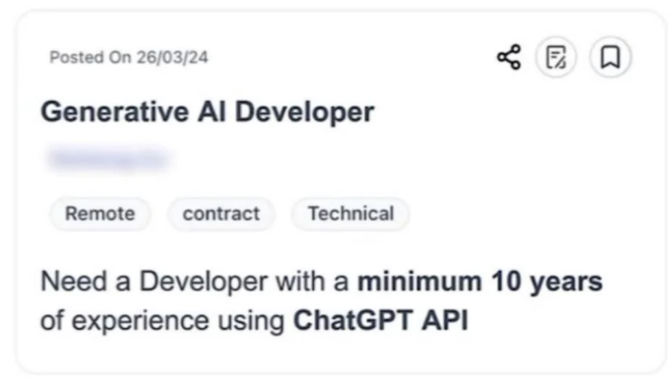 Job posting for a Generative AI Developer, requires a minimum of 10 years of experience with ChatGPT API, remote, contract, technical position