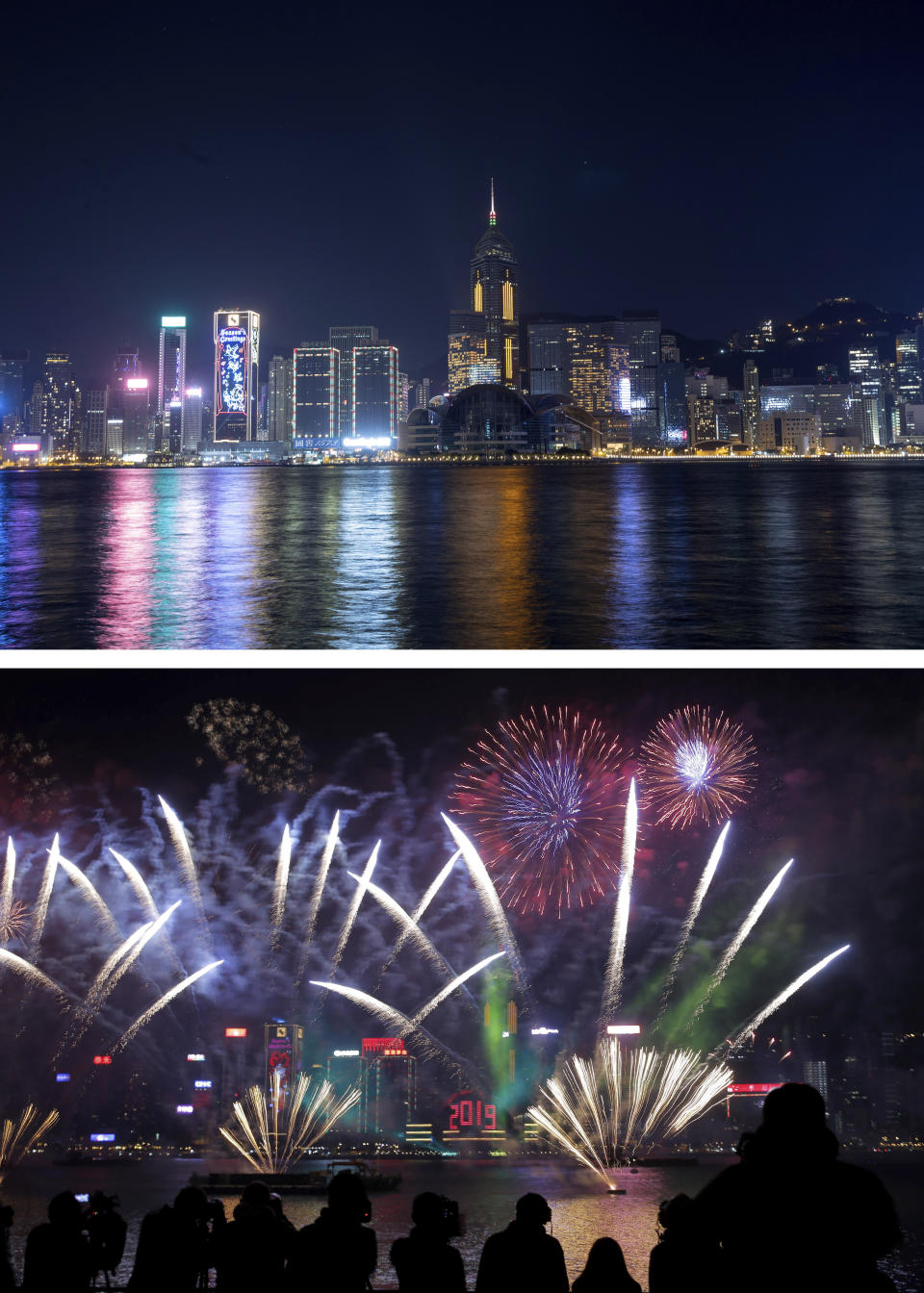 A combo image showing a general view of the Victoria Harbor at the New Year's Eve of year 2021 in Hong Kong, the top photo taken on Thursday, Dec. 31, 2020, and the bottom one on Tuesday, Jan. 1, 2019, fireworks explode over the Victoria Harbor during New Year's Eve to celebrate the start of year 2019 in Hong Kong. As the world says goodbye to 2020, there will be countdowns and live performances, but no massed jubilant crowds in traditional gathering spots like the Champs Elysees in Paris and New York City's Times Square this New Year's Eve. The virus that ruined 2020 has led to cancelations of most fireworks displays and public events in favor of made-for-TV-only moments in party spots like London and Rio de Janeiro. (AP Photo/Kin Cheung)