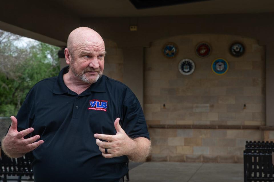 Dr. John Kelley, director of the Texas State Cemeteries Program, explains that a Space Force seal will be placed on the wall behind him at the Coastal Bend State Veterans Cemetery on Friday, Sept. 22, 2023, in Corpus Christi, Texas.