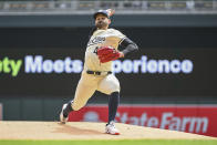 Minnesota Twins pitcher Pablo Lopez throws against the Seattle Mariners during the first inning of a baseball game, Thursday, May 9, 2024, in Minneapolis. (AP Photo/Craig Lassig)