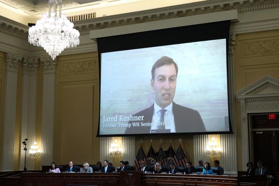 An image of Jared Kushner, Former White House Senior Advisor to former President Donald Trump is displayed on a screen during the third hearing held by the Select Committee to Investigate the January 6th Attack on the U.S. Capitol on June 16, 2022 in the Cannon House Office Building in Washington, DC.