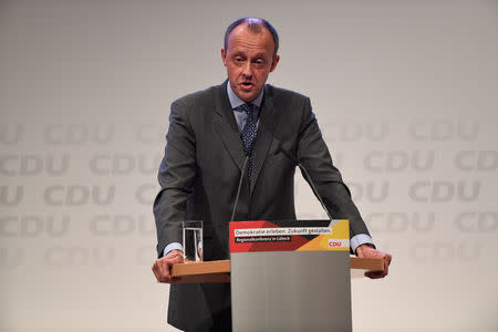 Christian Democratic Union (CDU) candidate Friedrich Merz speaks at a regional conference in Luebeck, Germany, November 15, 2018. REUTERS/Fabian Bimmer
