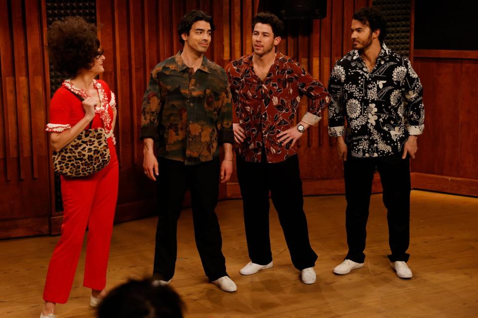 SATURDAY NIGHT LIVE -- Molly Shannon, Jonas Brothers Episode 1843 -- Pictured: (l-r) Host Molly Shannon as Sally OMalley, Joe Jonas, Nick Jonas, and Kevin Jonas during the Sally OMalley sketch on Saturday, April 8, 2023 -- (Photo by: Will Heath/NBC via Getty Images)