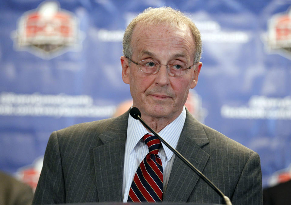 University of Nebraska-Lincoln Chancellor Harvey Perlman speaks during a media availability after a BCS presidential oversight committee meeting, Tuesday, June 26, 2012, in Washington. The committee announced a new post-season format for a four-team playoff for the major college football national championship. (AP Photo/Alex Brandon)