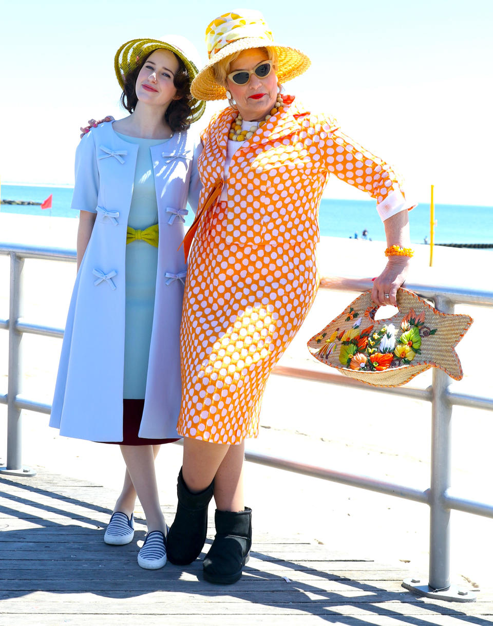 <p>Rachel Brosnahan hits the set of <em>The Marvelous Mrs. Maisel </em>in Coney Island, Brooklyn, on Thursday.</p>