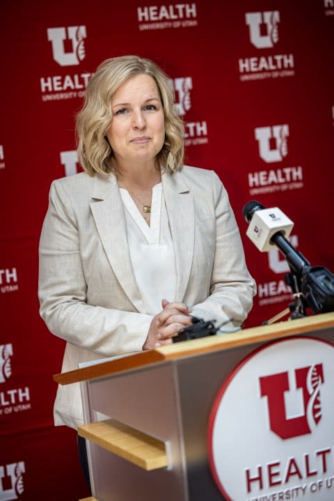 Jaymie Maines, a U of U Health patient, spoke during the Pregnancy After Loss ribbon-cutting ceremony on Monday, May 13. (Courtesy of University of Utah Health)
