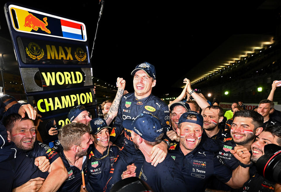 Max Verstappen, pictured here celebrating with his team after the Japanese Grand Prix.