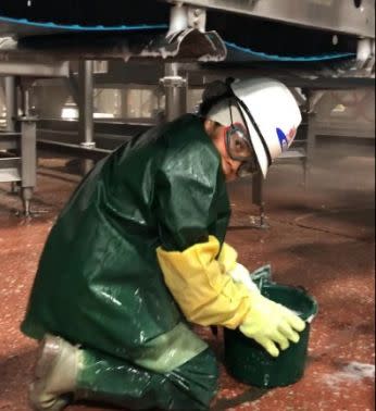 A photo from a Labor Department court filing shows a Packers Sanitation Services employee working in a meatpacking plant.