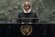 Wilfred Elrington, Attorney General and Foreign Minister of Belize, addresses the 74th session of the United Nations General Assembly, Saturday, Sept. 28, 2019. (AP Photo/Richard Drew)