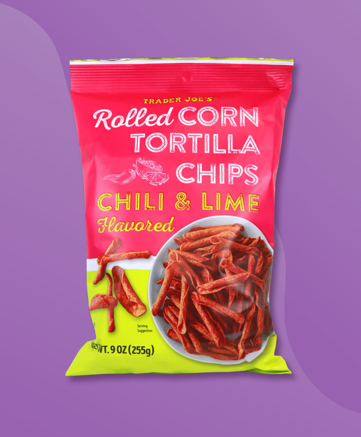A bag of Trader Joe's Chili & Lime Flavored Rolled Corn Tortilla Chips on a purple background. (TODAY Illustration / Lauren Schatzman / Trader Joe's)
