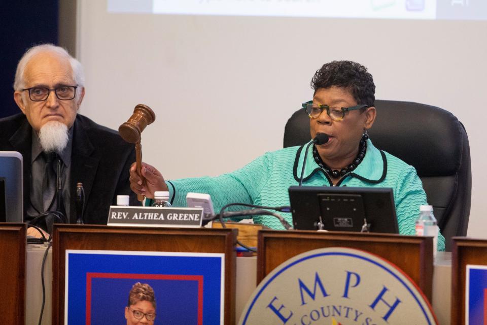 Memphis-Shelby County Schools school board chair Althea Greene gavels the meeting to a close after the board selected Marie Feagins, the chief of leadership and high schools, executive director of high school transformation, and special assistant to the superintendent for the Detroit Public Schools Community District, as the new MSCS superintendent in Memphis, Tenn., on Friday, February 9, 2024.