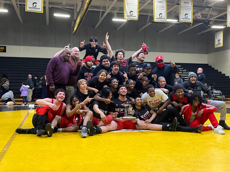 The Sexton wrestling team captured its first district championship since 1992 with wins over Waverly and Eastern on Wednesday, Feb. 8, 2023, at Waverly High School. The J-Dubbs will compete in a Division 2 regional next week.