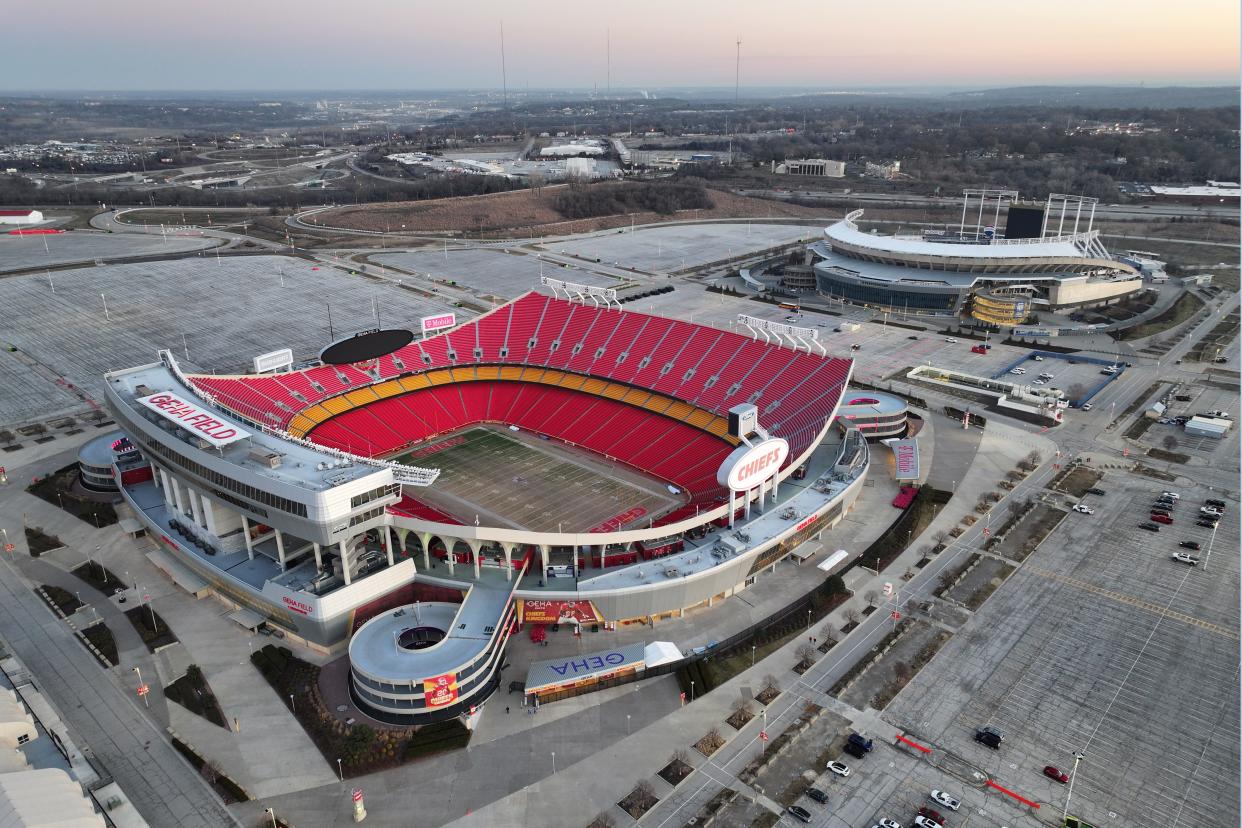 Feb 14, 2024; Kansas City, MO, USA; A general overall aerial view of Arrowhead Stadium (foreground) and Kauffman Stadium at the Truman Sports Complex.