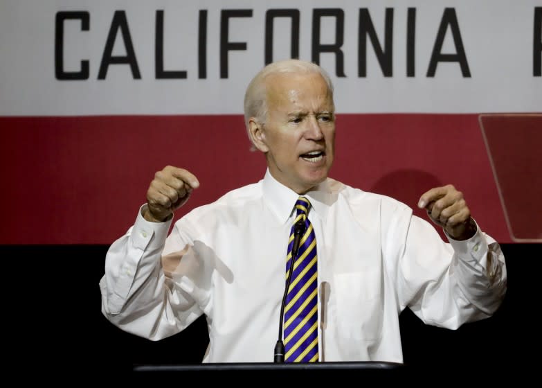 Former Vice President Joe Biden speaks at a rally on the Cal State Fullerton campus Thursday, Oct. 4, 2018, in Fullerton, Calif. (AP Photo/Chris Carlson)