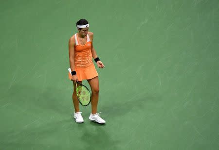 Sep 6, 2018; New York, NY, USA; Anastasija Sevastova of Latvia reacts after losing the fifth game in the second set against Serena Williams of the United States in a women's semi-final match on day eleven of the 2018 U.S. Open tennis tournament at USTA Billie Jean King National Tennis Center. Mandatory Credit: Danielle Parhizkaran-USA TODAY SPORTS