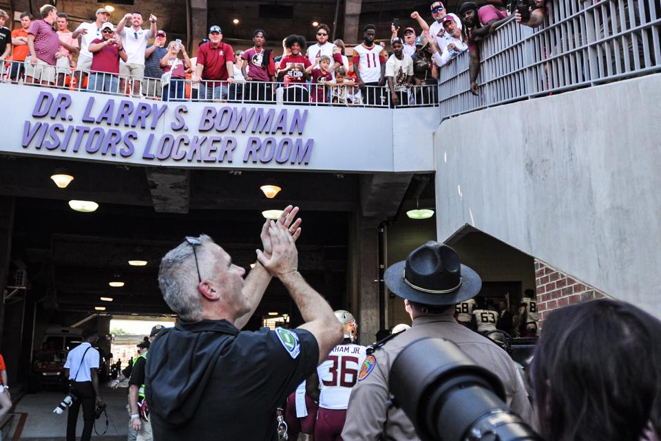 Florida State University Head Coach Mike Norvell celebrates the 31-24 overtime win over Clemson Sep 23, 2023; Clemson, South Carolina, USA; at Memorial Stadium.