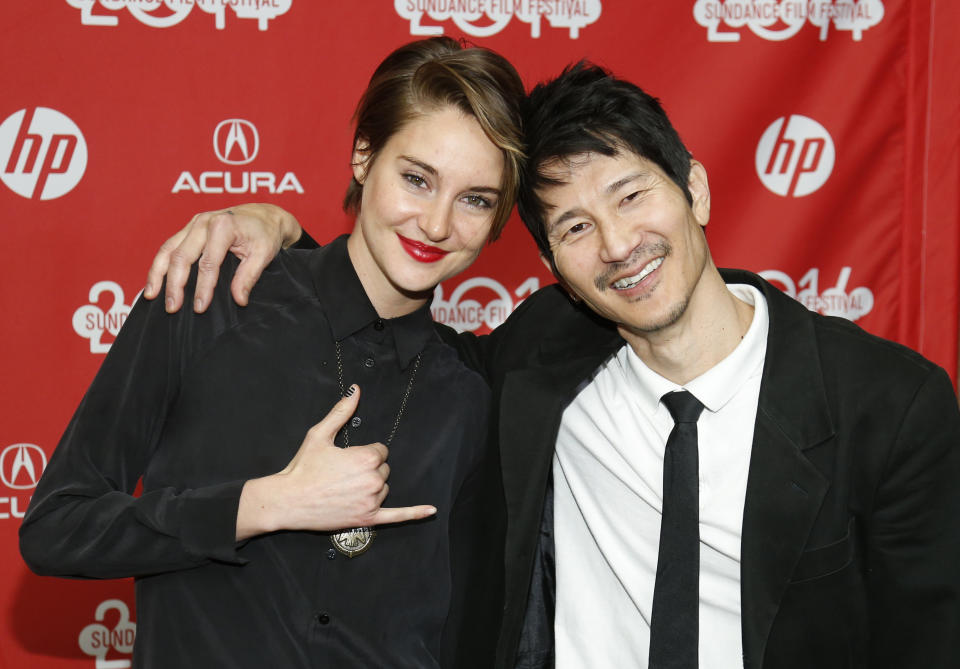 Cast member Shailene Woodley, left, and screenwriter and director Gregg Araki pose together at the premiere of the film "White Bird in a Blizzard" during the 2014 Sundance Film Festival, on Monday, Jan. 20, 2014, in Park City, Utah. (Photo by Danny Moloshok/Invision/AP)