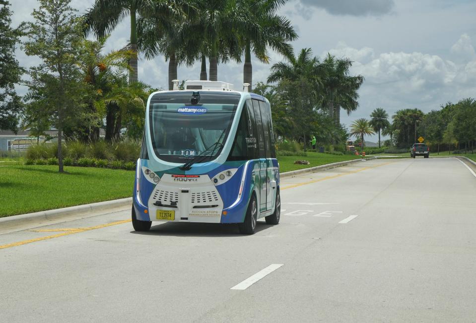 A self-driving shuttle from Beep, known at TIM, Tradition in Motion, is seen traveling along Southwest Community Boulevard on Tuesday, Aug. 2, 2022, in the Tradition development in Port St. Lucie. The autonomous vehicle is a key part of the Mattamy Homes planned Tradition Trail, a 20-mile pathway that when completed will link Tradition Regional Park to Becker road traveling through and around neighborhoods, shopping areas, and parks.