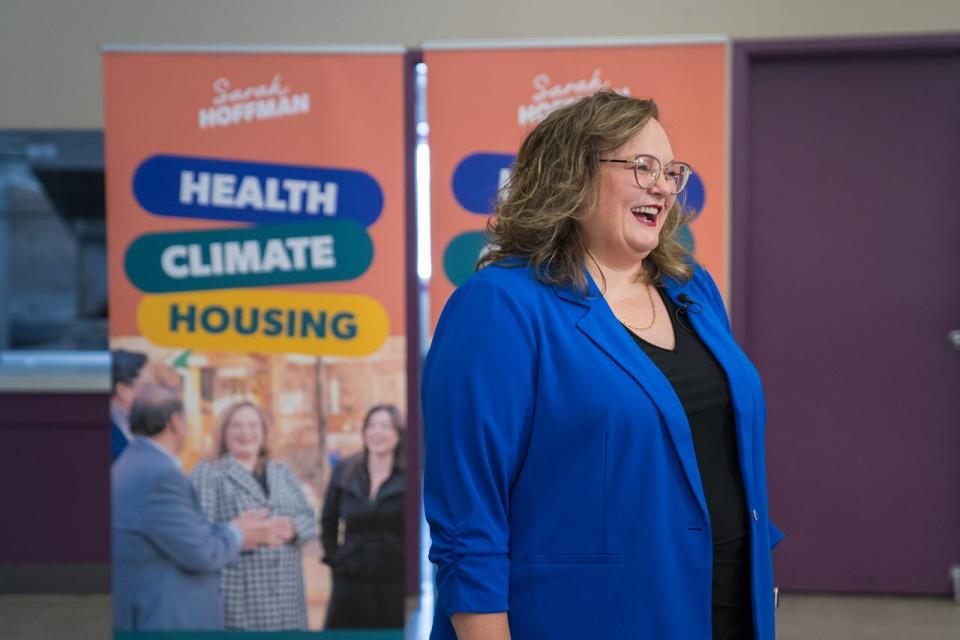 Edmonton-Glenora MLA Sarah Hoffman prepares to launch her Alberta NDP leadership campaign in Edmonton on Feb. 9, 2024.