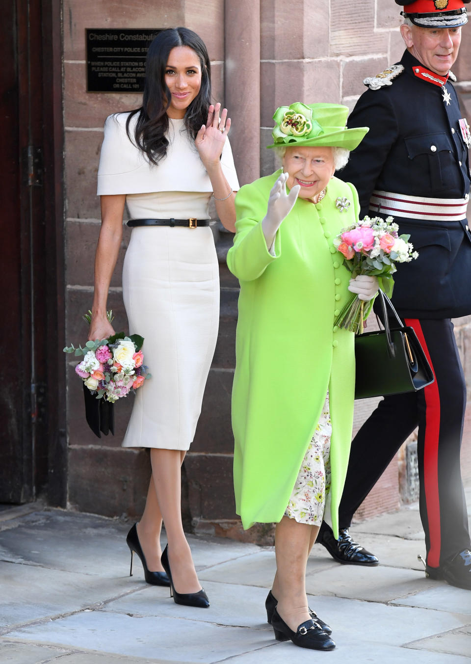 Demonstrating how one should dress for an outing with Her Majesty, the royal stuck to a neutral hued Givenchy shift dress with co-ordinating £265 <a href="https://orchardmile.com/sarah-flint/perfect-pump-85-black-nappa-sf9adb42ea?color=black%20nappa&utm_campaign=rewardStyle&utm_medium=affiliate&utm_source=linkshare" rel="nofollow noopener" target="_blank" data-ylk="slk:heels;elm:context_link;itc:0;sec:content-canvas" class="link ">heels</a> by American designer Sarah Flint. <em>[Photo: Getty]</em>