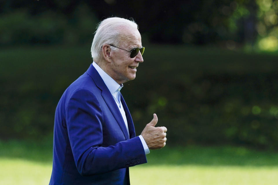 FILE - President Joe Biden walks on the South Lawn of the White House after stepping off Marine One, July 20, 2022, in Washington. (AP Photo/Patrick Semansky, File)