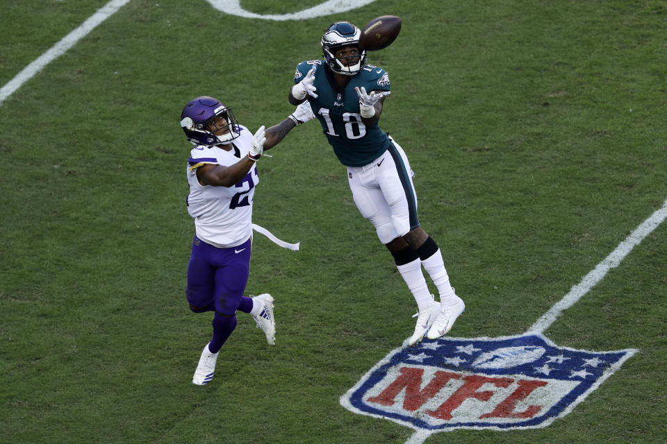 Philadelphia Eagles' Shelton Gibson (18) catches a pass against Minnesota Vikings' Mike Hughes (21) during the first half of an NFL football game, Sunday, Oct. 7, 2018, in Philadelphia. (AP Photo/Michael Perez)