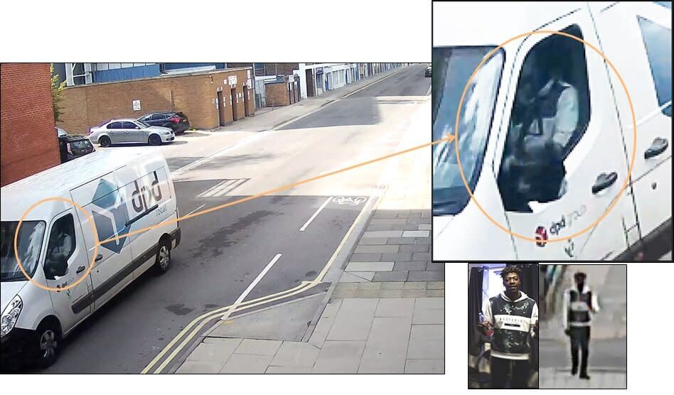 A CCTV image of the DPD van in Portman Road as the group set off to attack Tavis. This shows Yenge in the passenger seat wearing a distinctive jumper, which corresponded to other photos & CCTV images found of him  