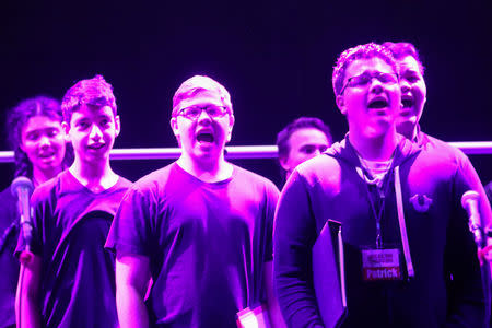 Cast members from the musical "Hemophilia: The Musical" sing during rehearsal in New York City, U.S., November 12, 2018. REUTERS/Shannon Stapleton