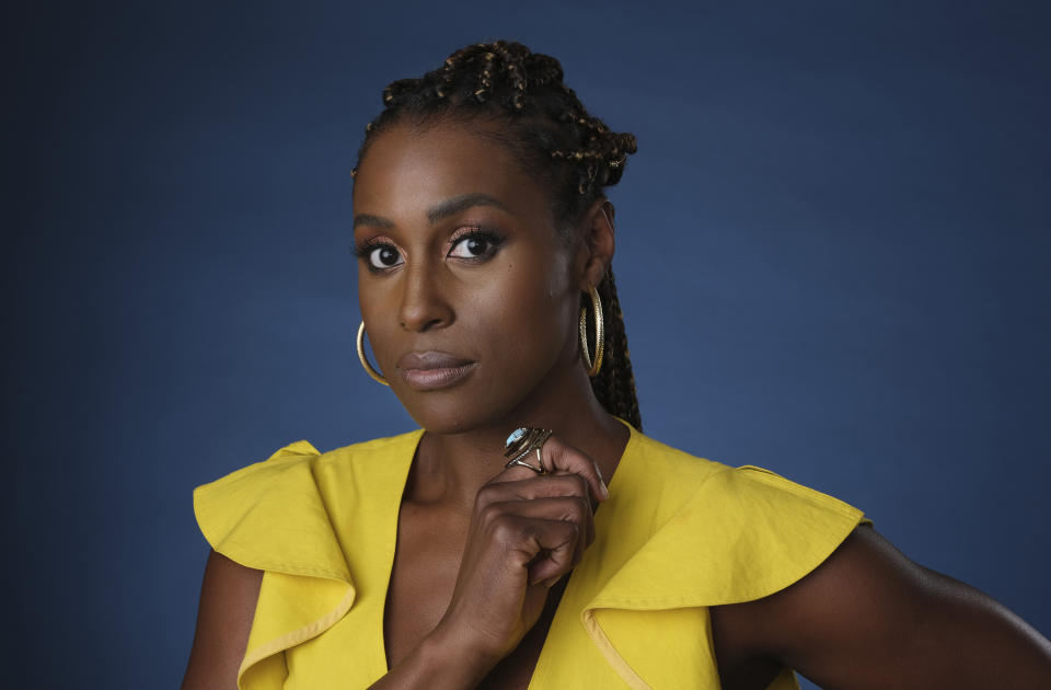 FILE - This July 24, 2019 file photo shows Issa Rae, an executive producer of the HBO comedy series "A Black Lady Sketch Show," during the 2019 Television Critics Association Summer Press Tour in Beverly Hills, Calif. Rae's quick comment after five men were announced as Oscar nominees for best director was spur of the moment, but captured the lack of diversity among this year's nominees. “We were told to banter for five seconds as the teleprompter loaded, so that was my banter,” Rae told a TV critics meeting Wednesday. Rae and fellow actor John Cho announced the nominees on Monday. “Congratulations to those men,” Rae said dryly after the director category was revealed. (Photo by Chris Pizzello/Invision/AP)