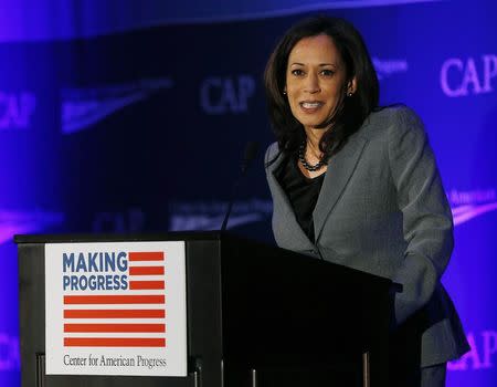 California Attorney General Kamala Harris speaks at the Center for American Progress' 2014 Making Progress Policy Conference in Washington November 19, 2014. REUTERS/Gary Cameron/File Photo