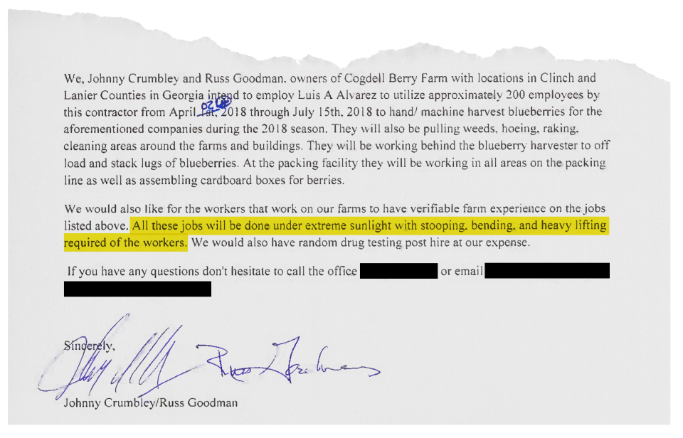 A letter from the owners of Cogdell Berry Farm, Johnny Crumbley and Russ Goodman, about the work and conditions to harvest blueberries during the 2018 season. Highlighted and redacted info by USA TODAY.