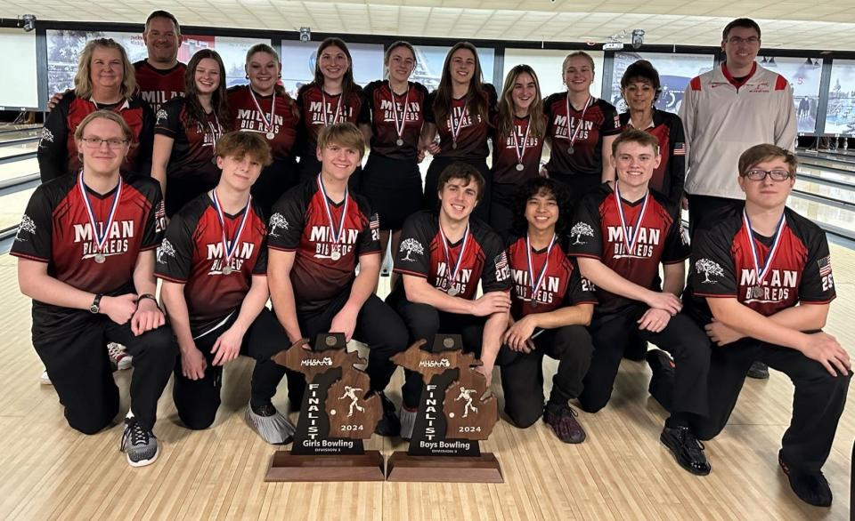 Milan shows off its two state runner-up trophies in bowling. Pictured are (back row left to right) Dawn Divert, Adam Gilles, Elyse McClaran, Elli Haney, Maggie Smith, Gwen Jones, Ally Jones, Rachael Peladeau. Gabby Dryden, Linda Towler and Robert Hull and (front row left to right) Ryan Hullstrung, Jaidyn Fital, Clark Friese, Logan McClaran, Tyler Maravino, Max Jenness and Jem Carpenter.