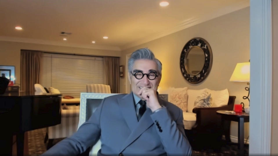 In this video grab issued Sunday, Feb. 28, 2021, by NBC, Eugene Levy accepts the award for best television series, musical or comedy, for "Schitt's Creek" at the Golden Globe Awards. (NBC via AP)