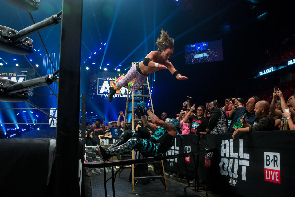 The Young Bucks are seen during their match against the Lucha Bros. at All Elite Wrestling's "All Out" event in August. (Photo by Ricky Havlik/Courtesy of AEW)