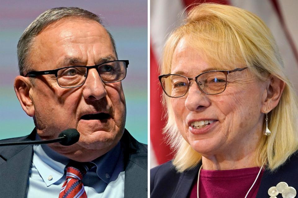 This photo combination shows Republican candidate Paul LePage, left, and Democratic incumbent Janet Mills for the upcoming Maine gubernatorial election. Independent candidate Sam Hunkler is also running for election.