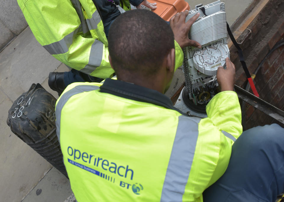 Fibre broadband engineers from Openreach, the infrastructure arm of BT work on a fibre cable junction in central London. (Photo by Nick Ansell/PA Images via Getty Images)