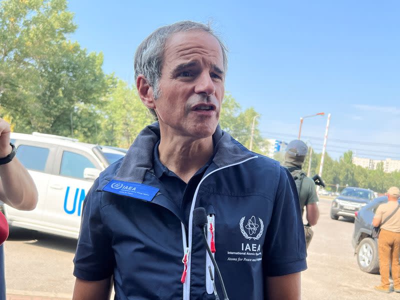 IAEA Director General Grossi speaks with journalists after the International Atomic Energy Agency (IAEA) mission arrives in Zaporizhzhia