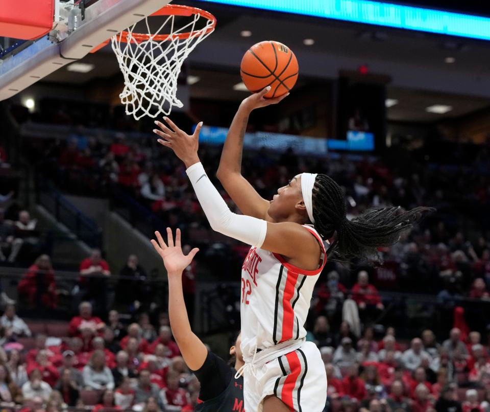 Feb. 24, 2023; Columbus, Ohio, USA; Ohio State Buckeyes forward Cotie McMahon (32) puts up a shot during the second half of Thursday's basketball game against the Maryland Terrapins at Value City Arena. Maryland won the game 76-74.Mandatory Credit: Barbara J. Perenic/Columbus Dispatch