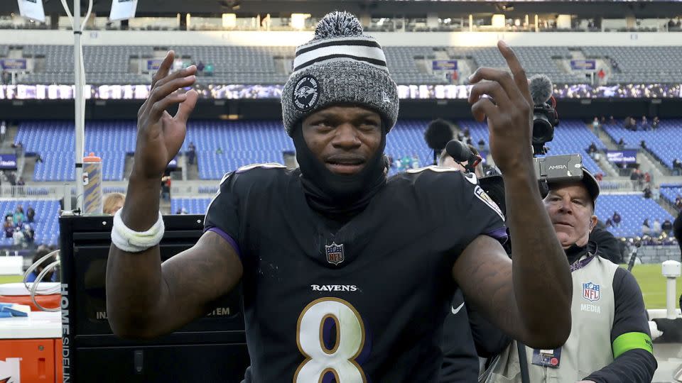 Jackson celebrates walking off the field after the Ravens defeated the Dolphins. - Rob Carr/Getty Images