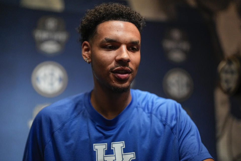 Kentucky NCAA college basketball player Tre Mitchell speaks during Southeastern Conference Media Days, Wednesday, Oct. 18, 2023, in Birmingham, Ala. (AP Photo/Mike Stewart)