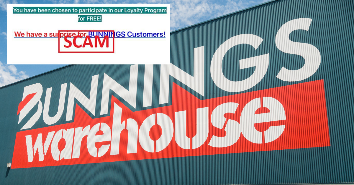 A excerpt from the fake Bunnings email and the Bunnings warehouse logo on the side of a building.