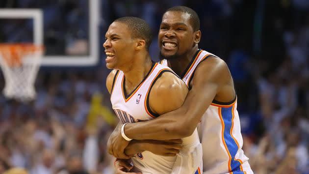 Durant and Westbrook during happier times at the Thunder. Pic: Getty
