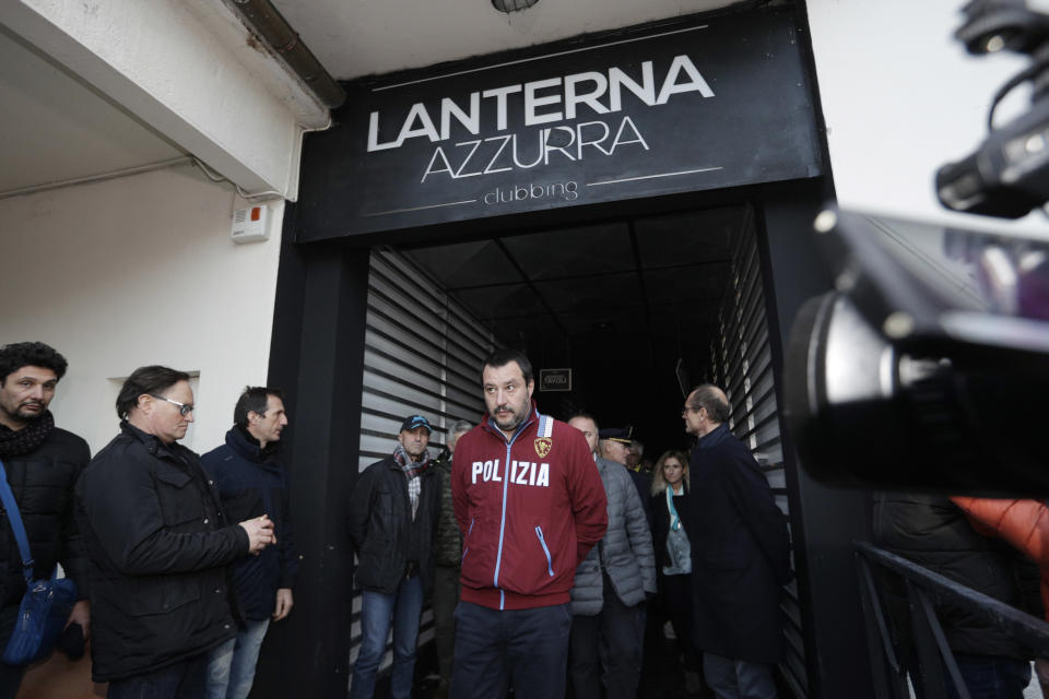 Italian Interior Minister and Deputy-Premier Matteo Salvini leaves disco Lanterna Azzurra after a site inspection, in Corinaldo, central Italy, Saturday, Dec. 8, 2018. A stampede at a rap concert in an overcrowded disco in central Italy killed five young teenagers and a woman who had accompanied her daughter to the event early Saturday, police said, adding that 59 people were injured. (AP Photo/Andrew Medichini)